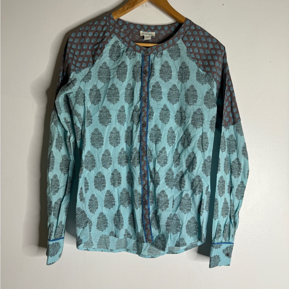 Sundance Stories To Be Told Teal Boho Mixed Print‎ Button Down Top Small CP
